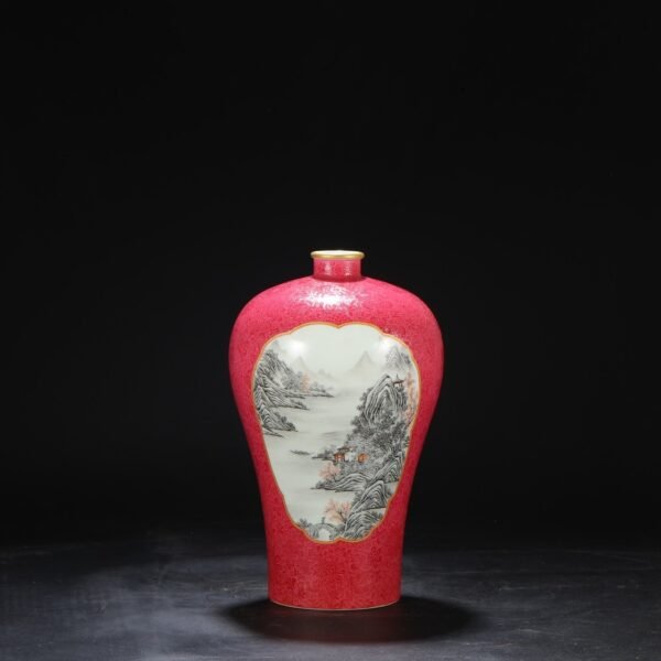 Old collection of Qing Dynasty Yongzheng powder enamel window ink color alum red landscape large plum vase - Image 6