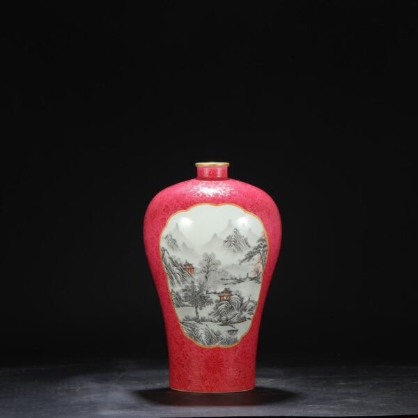 Old collection of Qing Dynasty Yongzheng powder enamel window ink color alum red landscape large plum vase - Image 7