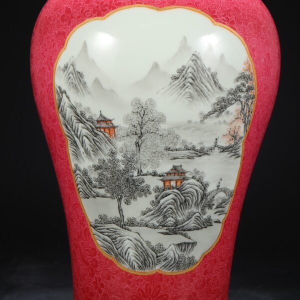 Old collection of Qing Dynasty Yongzheng powder enamel window ink color alum red landscape large plum vase - Image 8