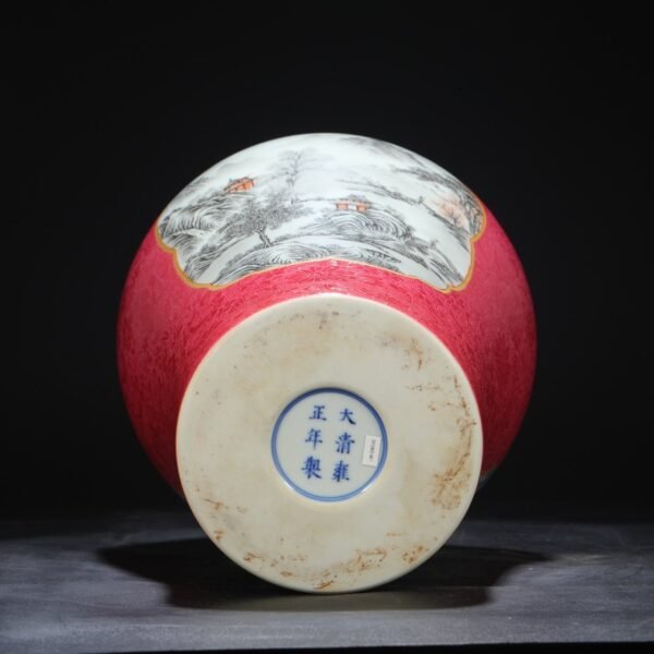 Old collection of Qing Dynasty Yongzheng powder enamel window ink color alum red landscape large plum vase - Image 9