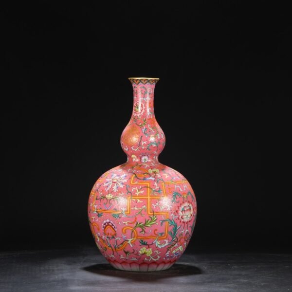 Old collection of Qing Dynasty Qianlong powder enamel twined flower large gourd vase - Image 5