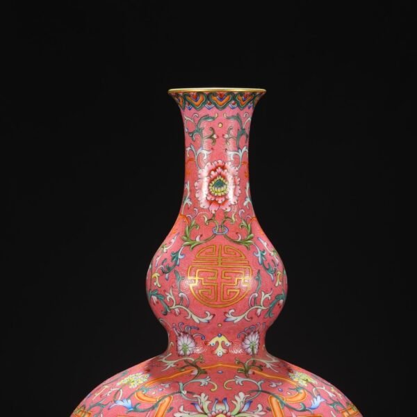Old collection of Qing Dynasty Qianlong powder enamel twined flower large gourd vase - Image 6