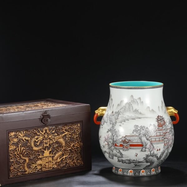 Old Collection Qing Qianlong ink-colored alum red landscape pavilion elephant ear large vase
