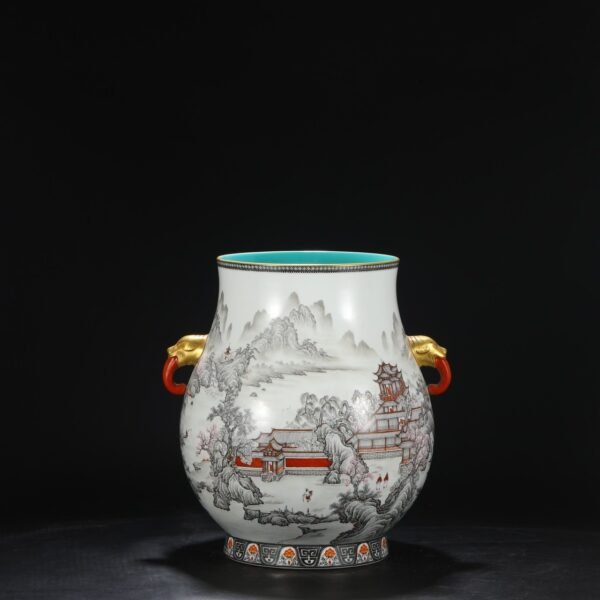 Old Collection Qing Qianlong ink-colored alum red landscape pavilion elephant ear large vase - Image 2
