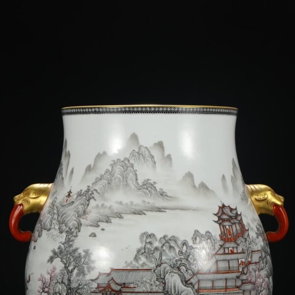 Old Collection Qing Qianlong ink-colored alum red landscape pavilion elephant ear large vase - Image 3