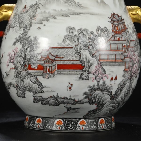 Old Collection Qing Qianlong ink-colored alum red landscape pavilion elephant ear large vase - Image 4