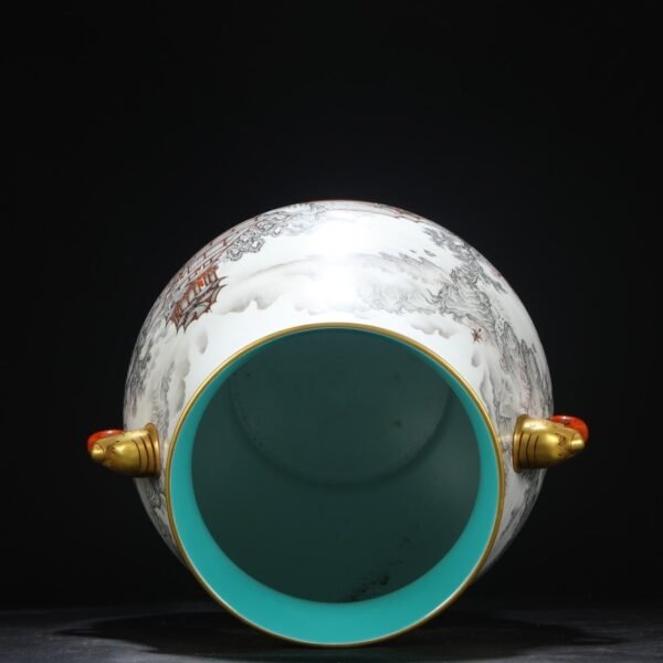 Old Collection Qing Qianlong ink-colored alum red landscape pavilion elephant ear large vase - Image 5