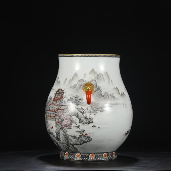 Old Collection Qing Qianlong ink-colored alum red landscape pavilion elephant ear large vase - Image 6
