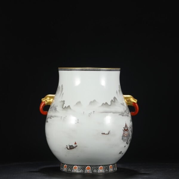 Old Collection Qing Qianlong ink-colored alum red landscape pavilion elephant ear large vase - Image 7