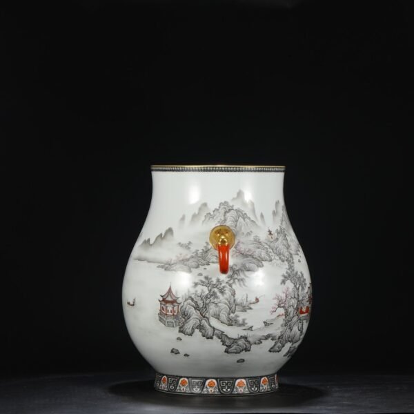 Old Collection Qing Qianlong ink-colored alum red landscape pavilion elephant ear large vase - Image 8
