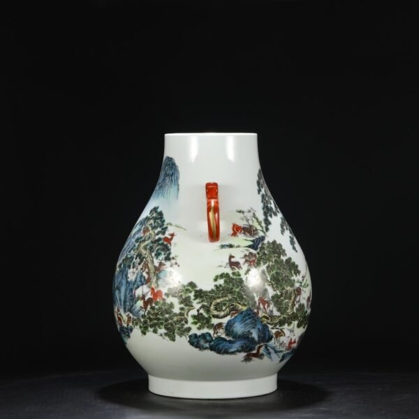 A large double-handled vase with a deer pattern in pastel enamel from the Qianlong period of the Qing Dynasty. - Image 4