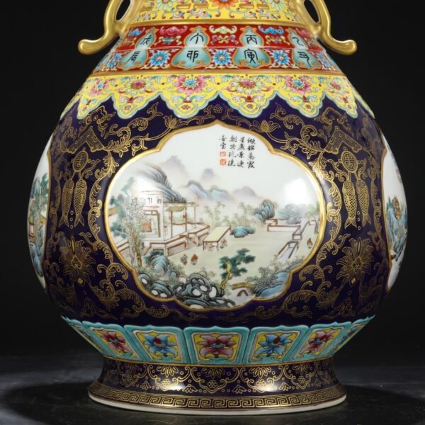 A large vase with two handles and a window-shaped landscape and pavilion painted in enamel in Qianlong period of the Qing Dynasty. - Image 3