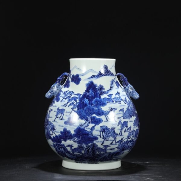 Old collection of Qing Dynasty Qianlong blue and white deer pattern deer ears large vase - Image 6