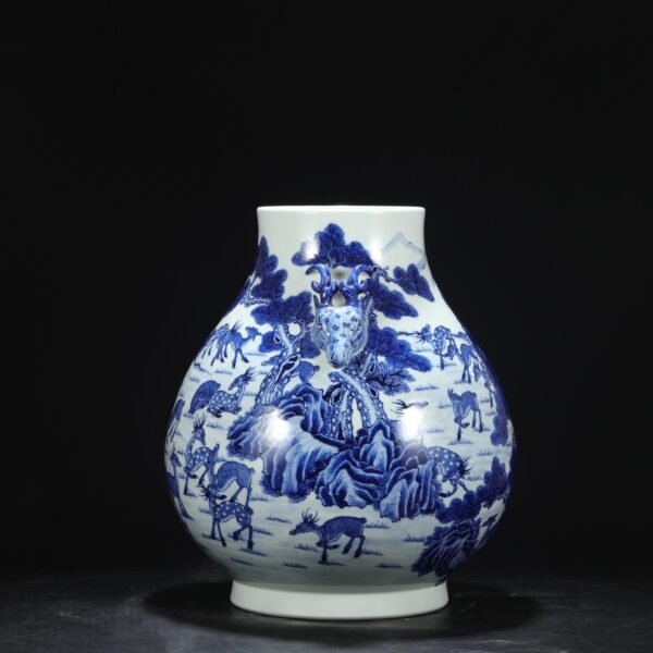 Old collection of Qing Dynasty Qianlong blue and white deer pattern deer ears large vase - Image 7