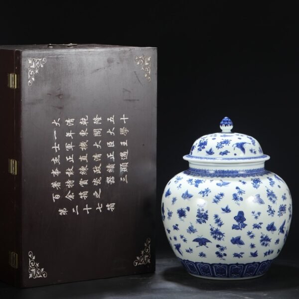 Old collection of Qing Dynasty Qianlong blue and white butterfly pattern general lidded jar