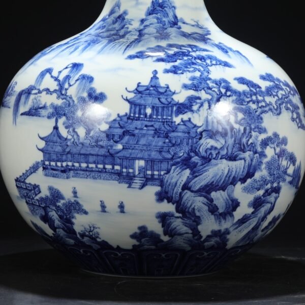 Old collection of Qing Dynasty Yongzheng blue and white landscape attic large celestial globe vase - Image 2