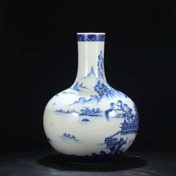 Old collection of Qing Dynasty Yongzheng blue and white landscape attic large celestial globe vase - Image 6