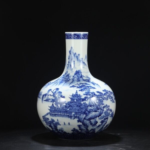 Old collection of Qing Dynasty Yongzheng blue and white landscape attic large celestial globe vase - Image 7