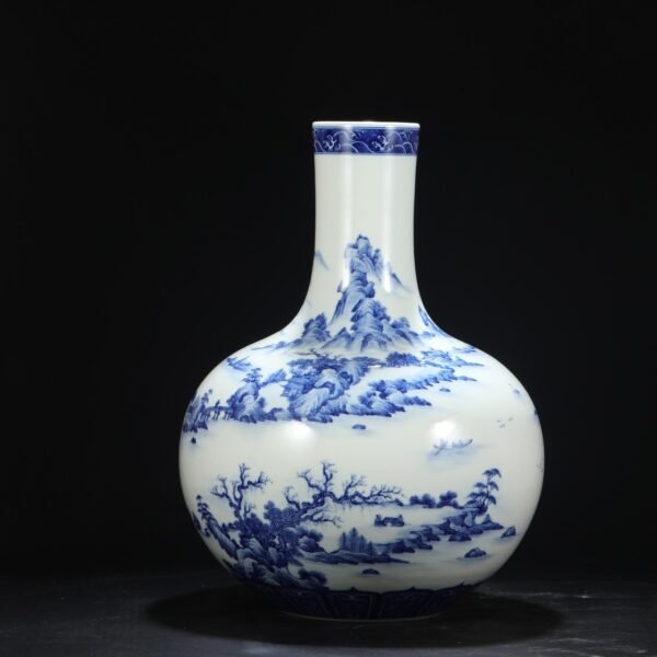 Old collection of Qing Dynasty Yongzheng blue and white landscape attic large celestial globe vase - Image 8