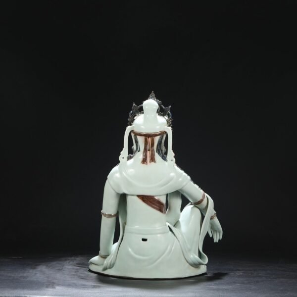 Old Collection Yuan Dynasty Blue and White Underglaze Red Free Guanyin Seated Statue - Image 3