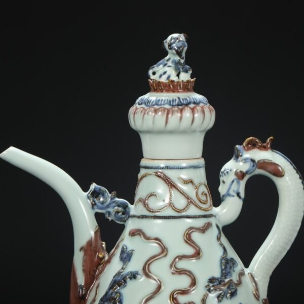 Old Collection Yuan Dynasty Blue and White Underglaze Red Sculpture Lion Hydrangea Dragon Handle Dog Head Pot - Image 2