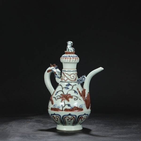 Old Collection Yuan Dynasty Blue and White Underglaze Red Sculpture Lion Hydrangea Dragon Handle Dog Head Pot - Image 3