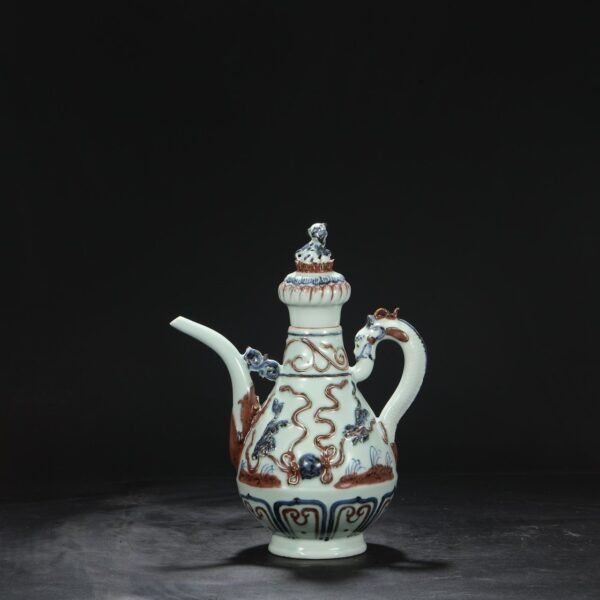Old Collection Yuan Dynasty Blue and White Underglaze Red Sculpture Lion Hydrangea Dragon Handle Dog Head Pot - Image 5