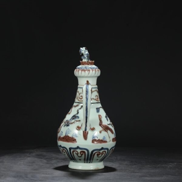 Old Collection Yuan Dynasty Blue and White Underglaze Red Sculpture Lion Hydrangea Dragon Handle Dog Head Pot - Image 8