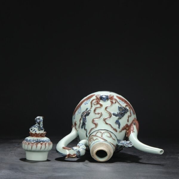 Old Collection Yuan Dynasty Blue and White Underglaze Red Sculpture Lion Hydrangea Dragon Handle Dog Head Pot - Image 9