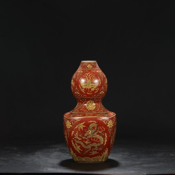 Old collection of Ming Dynasty Jiajing red yellow-colored window dragon and phoenix pattern large gourd bottle - Image 2