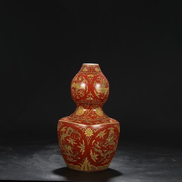 Old collection of Ming Dynasty Jiajing red yellow-colored window dragon and phoenix pattern large gourd bottle - Image 5