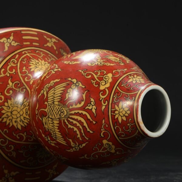 Old collection of Ming Dynasty Jiajing red yellow-colored window dragon and phoenix pattern large gourd bottle - Image 6