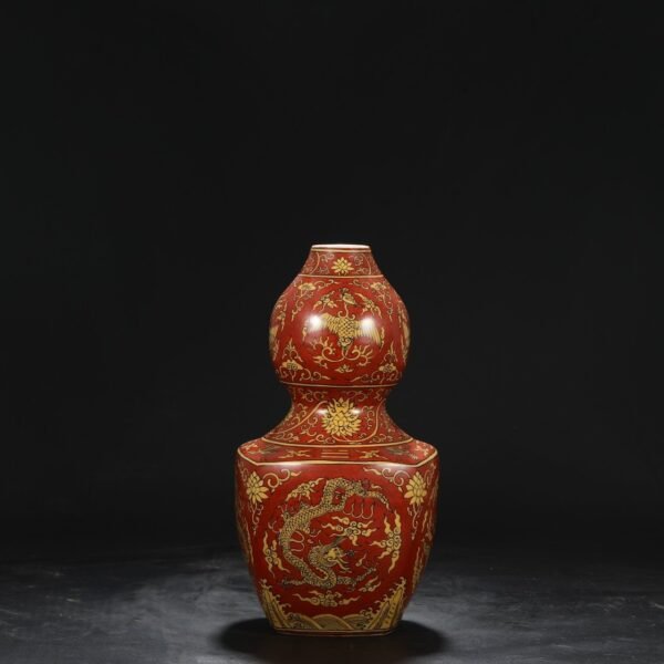 Old collection of Ming Dynasty Jiajing red yellow-colored window dragon and phoenix pattern large gourd bottle - Image 7