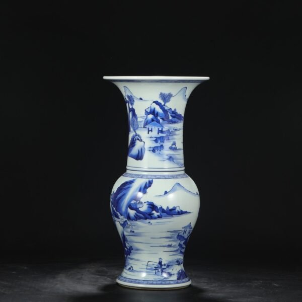 Old Collection Qing Dynasty Kangxi Blue and White Landscape and Figure Large Flower Solitary - Image 7