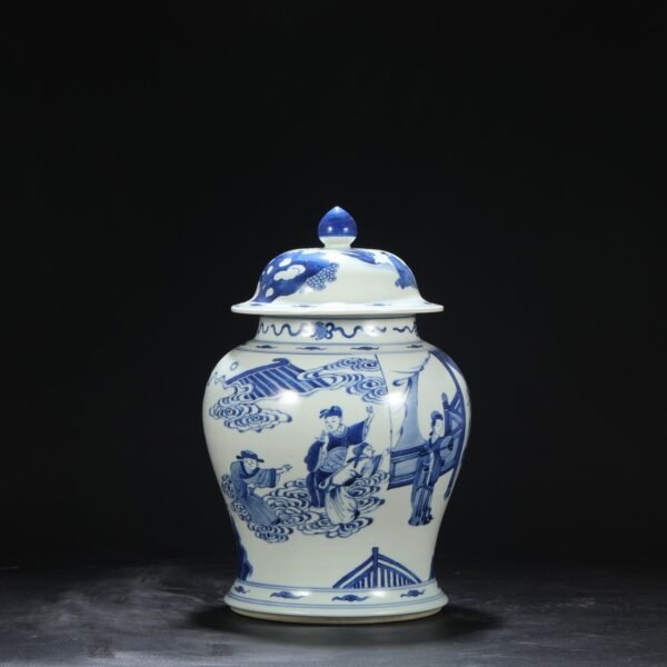 Old collection of Qing Dynasty Kangxi blue and white banana figure covered jar - Image 6