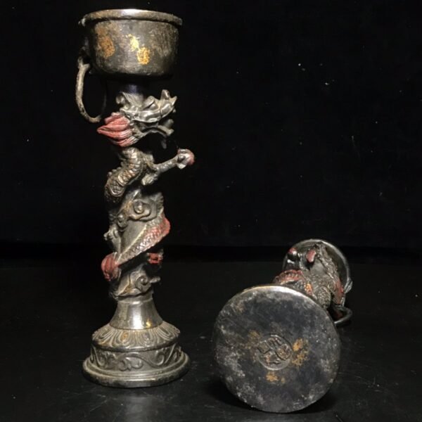 Collection of pure copper gold-dot cinnabar colored dragon oil lamp candle holder