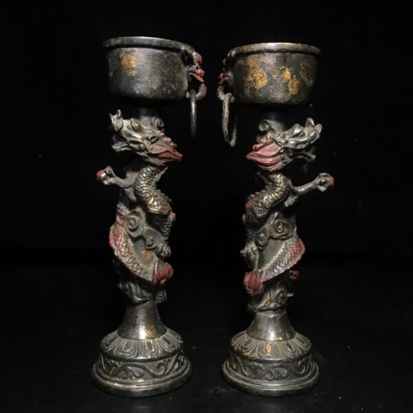 Collection of pure copper gold-dot cinnabar colored dragon oil lamp candle holder - Image 2