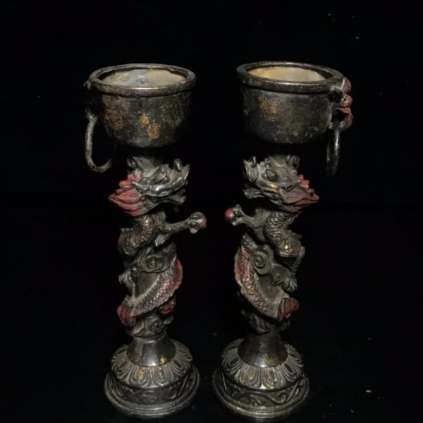 Collection of pure copper gold-dot cinnabar colored dragon oil lamp candle holder - Image 3