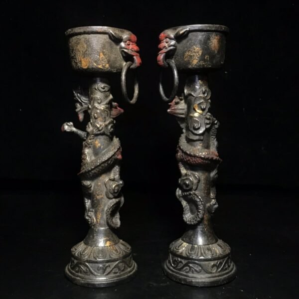 Collection of pure copper gold-dot cinnabar colored dragon oil lamp candle holder - Image 4