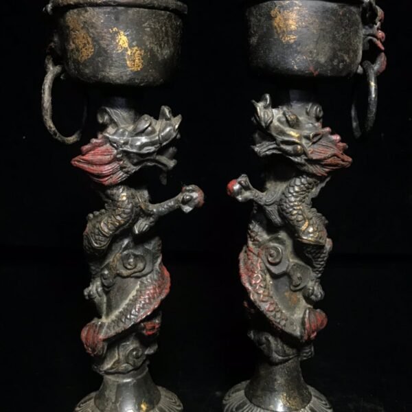 Collection of pure copper gold-dot cinnabar colored dragon oil lamp candle holder - Image 5
