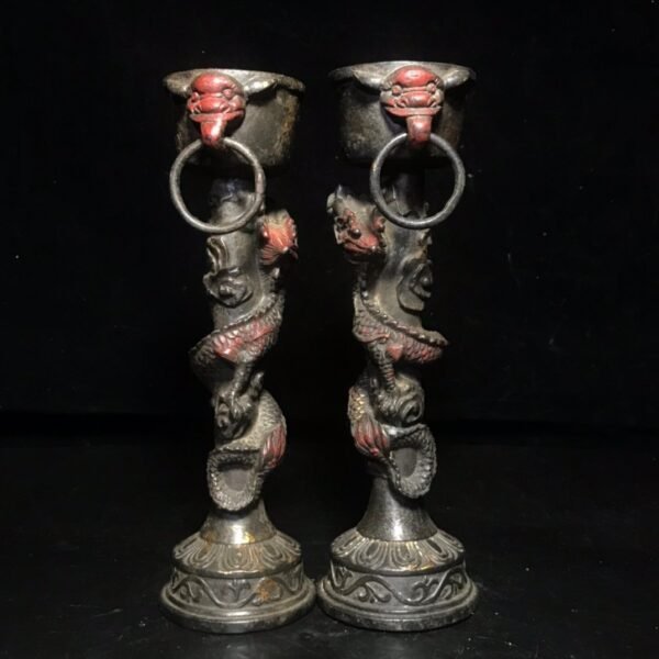 Collection of pure copper gold-dot cinnabar colored dragon oil lamp candle holder - Image 7