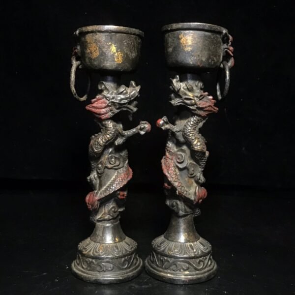 Collection of pure copper gold-dot cinnabar colored dragon oil lamp candle holder - Image 9