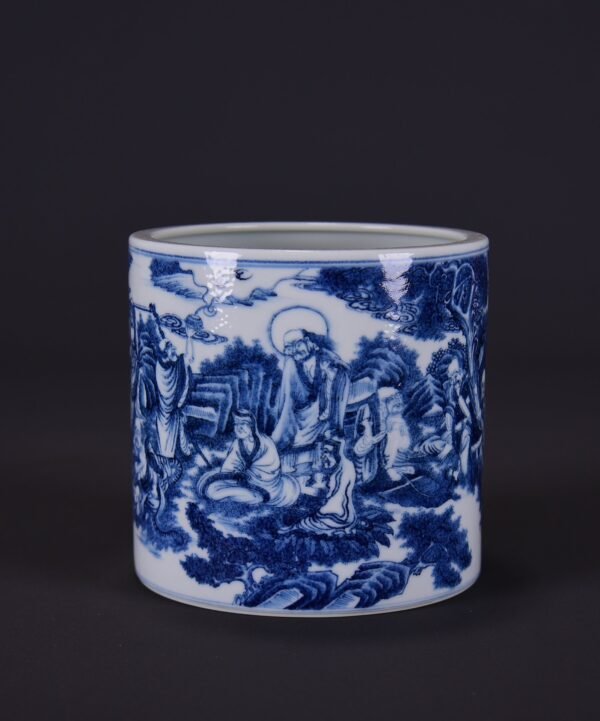 old Qing Kangxi blue and white Eighteen Arhats pen holder - Image 7