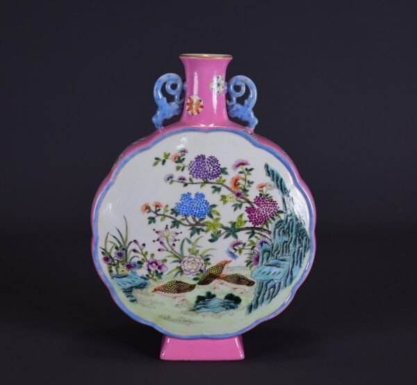 old collection of Qing Dynasty Qianlong famille rose flower and bird double-eared flat vase