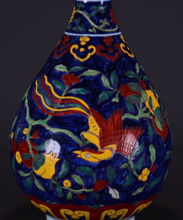 old Ming Xuande blue ground multicolored loquat ribbon bird pattern jade pot - Image 4
