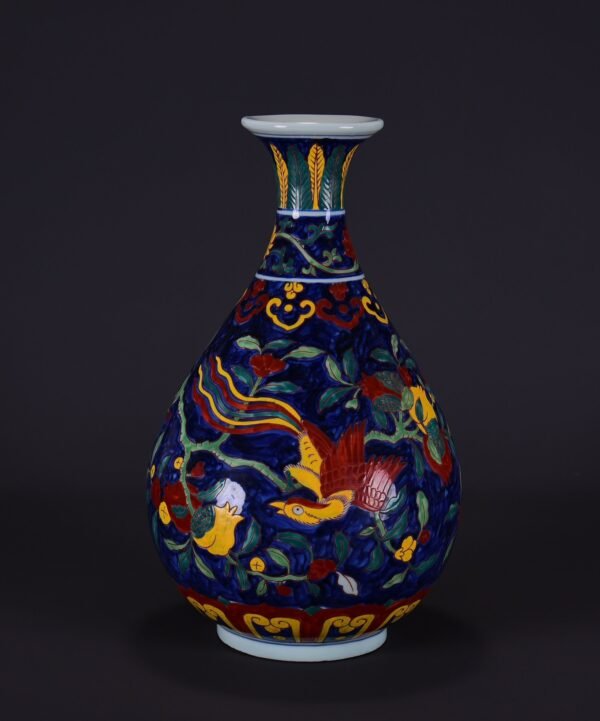 old Ming Xuande blue ground multicolored loquat ribbon bird pattern jade pot - Image 6
