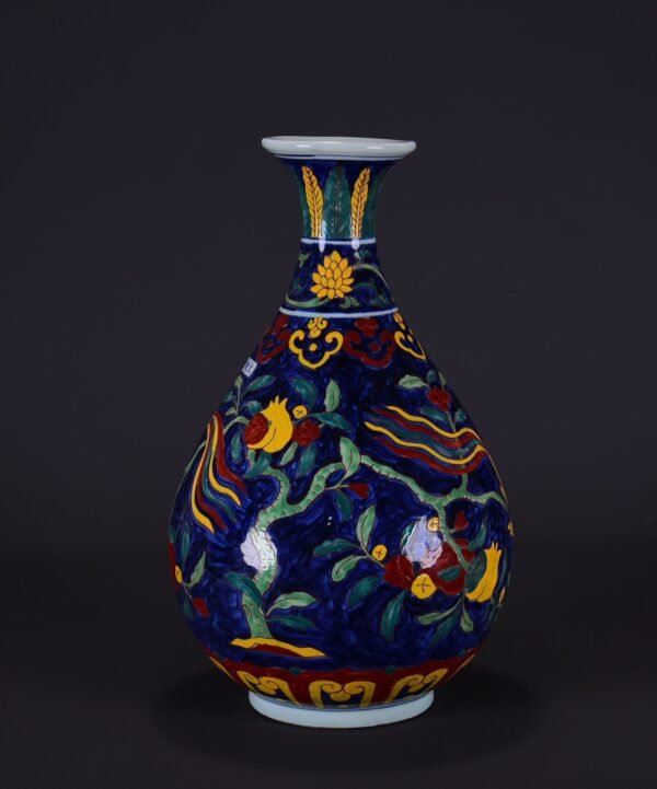 old Ming Xuande blue ground multicolored loquat ribbon bird pattern jade pot - Image 7