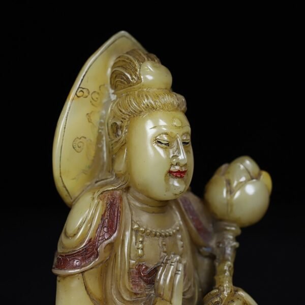 Old collection of wooden box Shoushan stone hand-carved lotus Guanyin Bodhisattva Buddha statue - Image 2
