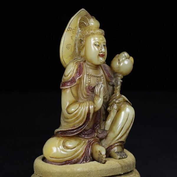 Old collection of wooden box Shoushan stone hand-carved lotus Guanyin Bodhisattva Buddha statue - Image 3