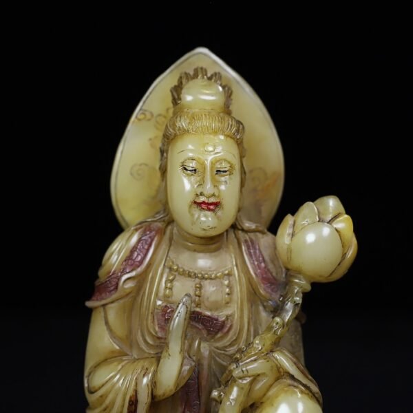 Old collection of wooden box Shoushan stone hand-carved lotus Guanyin Bodhisattva Buddha statue - Image 6